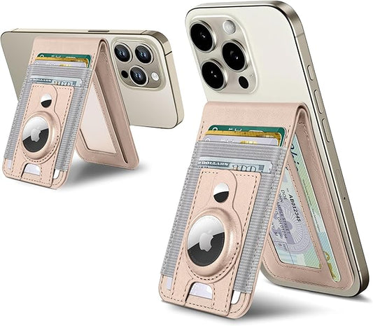 For Magsafe Wallet Stand with Airtag Holder Strongest Magnetic Wallet for iPhone 17/16/15/14/13/12 Series ID Window 10 Cards Holder Vegan Leather RFID Blocking Desert Titanium Gold