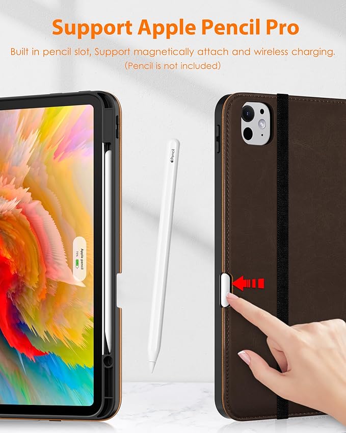 DTTO for iPad Pro 13 inch Case (M5/M4) 2025/2024 Premium Leather Business Folio Stand Cover with Pencil Holder - Auto Wake/Sleep &amp Multiple Viewing Angles Built in Hand Strap &amp Pocket Dark