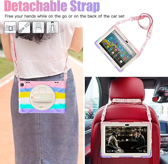 BRAECNstock Kids Case for Amazon Fire HD 8 Tablet 12th Generation 2024/2022 8 inch with Rotating Hand Strap + Stand Shouler Strap Pen Holder Shockproof Protective Kindle Fire HD 8 Case - Colorful Pink