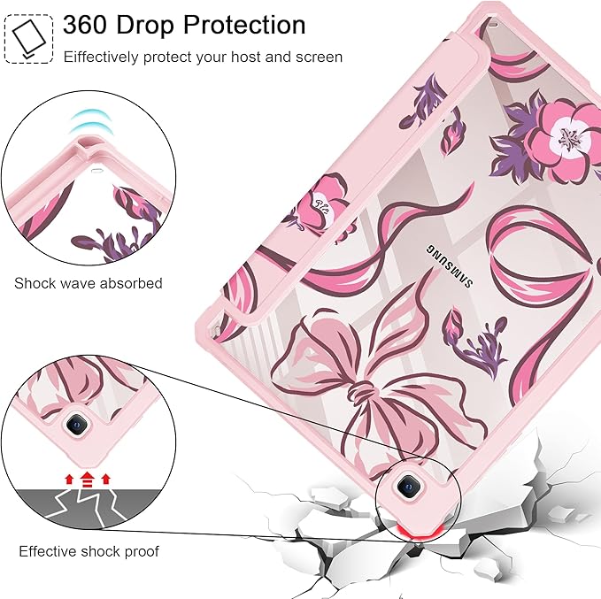 Mektron Case for Samsung Galaxy Tab S6 Lite 10.4 Inch 2024/2022/2020 with S Pen Holder Multi-Angle Viewing with Shockproof Cover Clear Shell + Trifold Stand + Auto Wake/Sleep Flowers-Bows-Pink