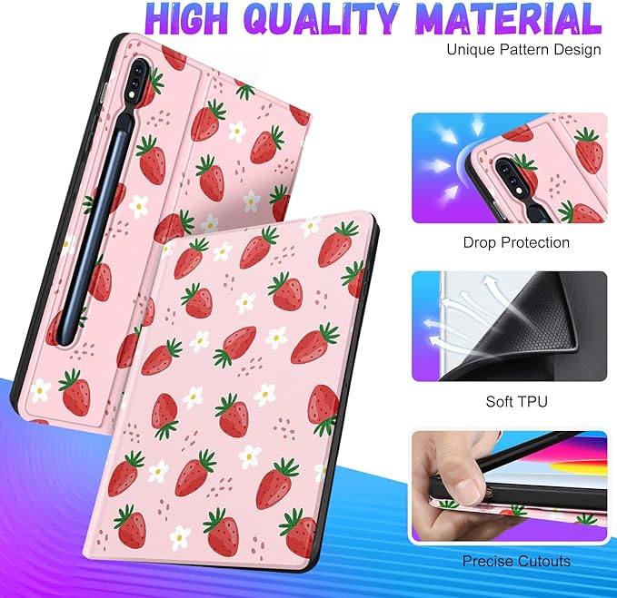 for Samsung Galaxy Tab S9 Plus/S9 FE Plus Case 12.4 Inch 2023 for Women Girls Folio Cover with Pencil Holder Cute Pretty Design Girly Kawaii Strawberry Teens Tablet Cases for Tab S9+/S9 FE+