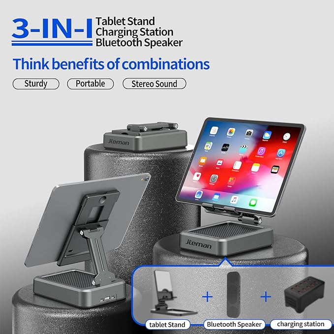 Jteman Wireless Bluetooth Speaker Tablet Stand Adjustable with Bluetooth SpeakersGifts for Women MenKitchen Gadget for MenCompatible with Phones and Tablet (4.0-12.9'') - Graphite