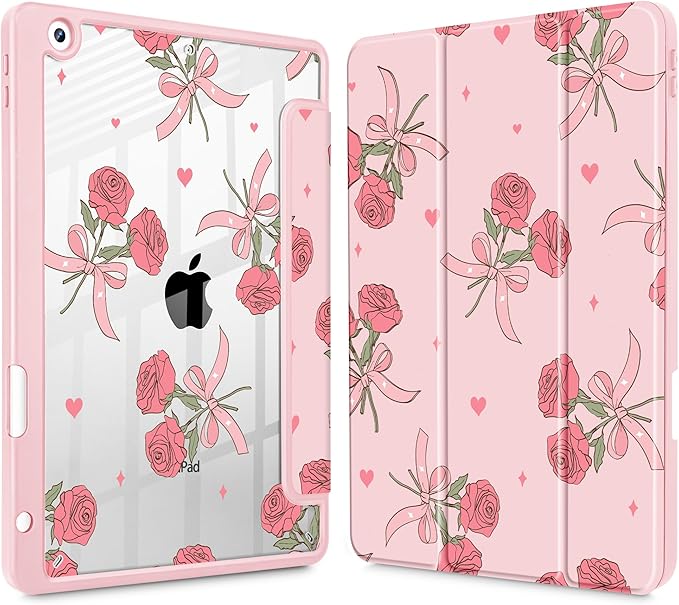 Case for iPad 9th/ 8th/ 7th Generation 10.2-Inch Case(2021/2020/2019 Release) [Built in Pencil Holder] Trifold Stand Auto Wake/Sleep Clear TPU Protection Back Cover Rose Bows