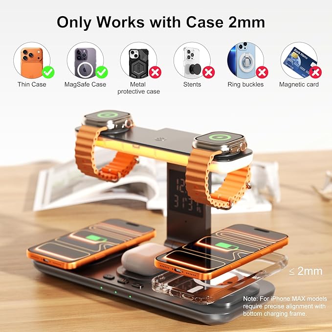 7-in-1 Wireless Charging Station for Apple DevicesDual Phone Charger Stand with Magnetic Charging for iPhone 17-12 Pro MaxDual Watch Charger for iWatch Serieswith AirPods ChargerNight Light&ampCl