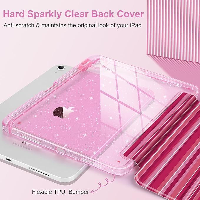MEEgoodo Case for iPad A16 11th Generation 2025/10th Generation 2022 Glitter Tablet Cases with Transparent Acrylic Back+Trifold Stand +Pencil Holder+Auto Wake/SleepMixed Pink Stripes