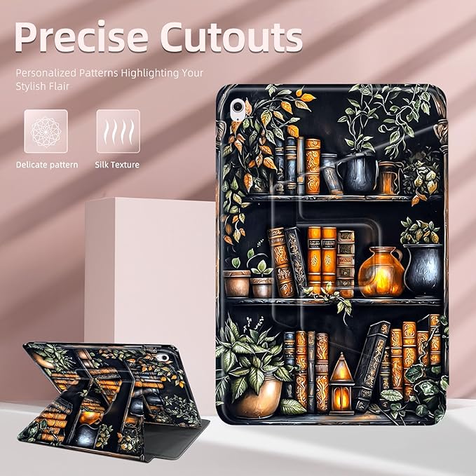 for iPad 10th Generation Case 360 Degree Rotating Stand Cover Multi Angle Viewing Auto Sleep/Wake Shelf Filled with Books Leather Case for iPad (A16) 11th Generation 11 Inch 2025