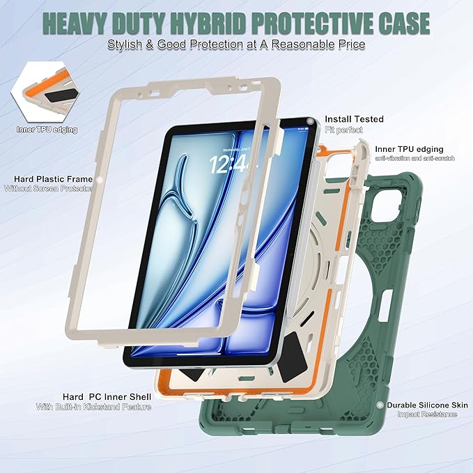 SCSVPN Case for iPad Air 11 Inch M4 2026/M3 2025/M2 2024 iPad Air 10.9'' 5th/4th Gen 2022 2020 iPad Pro 11 4th/3rd/2nd/1st Gen Protective Case with Pen Holder Stand Shoulder Strap Emerald Green