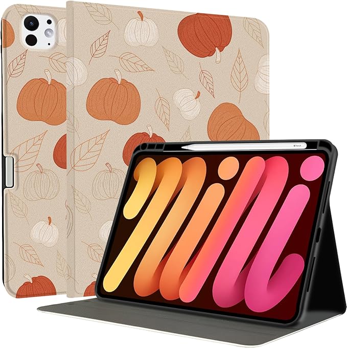 MAYCARI Fall Brown Leaves Pumpkins iPad Case for iPad Pro (M4) 2024 13 Inch with Pencil Holder Handmade iPad Pro 5th Generation Case Autumn Fine Grained iPad Protecitve Hard Case with Auto Wake/Sleep