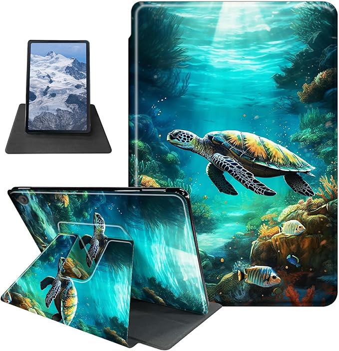 Case for Kindle Fire HD 8 Tablet (8th/7th/6th Generation 2018/2017/2016 Release) Turtle Swimming Theme 360 Degree Rotating Stand Protective Cover with Auto Sleep/Wake for HD 8 Tablet