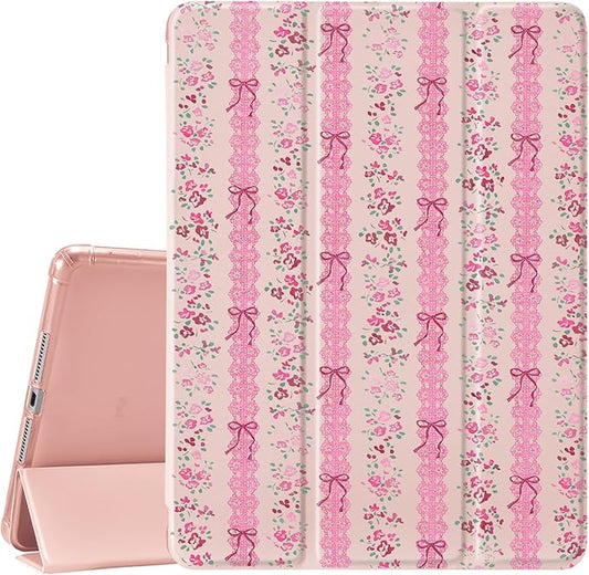 JOYLAND for iPad 6th/5th Generation 9.7 inch Case (2018/2017) with Pencil Holder-Auto Wake/SleepPink Bow&ampFlowers Cover Anti-Scratch Shockproof Premium Folio Stand CasePink