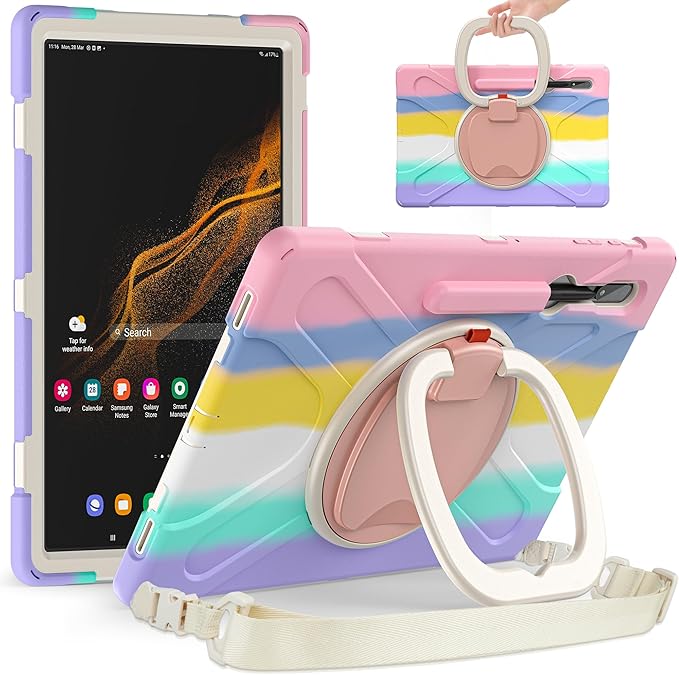 Heavy Duty Case for Galaxy Tab S10 Lite/ S10 FE/ S9 FE/S8/S7 Hybrid Rugged Case with S Pen Holder Shockproof Kids Case with 360 Rotating Stand/Shoulder Strap (Colourful Pink)