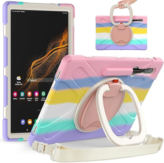 Heavy Duty Case for Galaxy Tab S10 Lite/ S10 FE/ S9 FE/S8/S7 Hybrid Rugged Case with S Pen Holder Shockproof Kids Case with 360 Rotating Stand/Shoulder Strap (Colourful Pink)