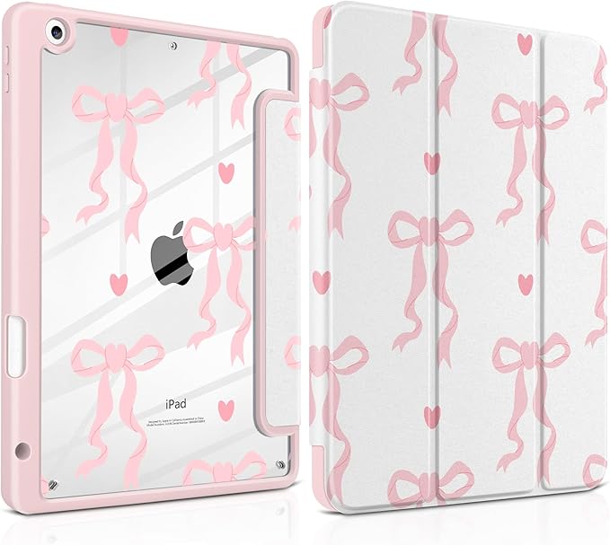 MEEgoodo Case for iPad 10.2 inchTablet Cases for iPad 9th Generation 2021/8th Gen 2020/7th Gen 2019 with Clear Acrylic Back Shell+Pencil Holder+Auto Wake/Sleep+Trifold StandTrendy Bow &amp Hearts