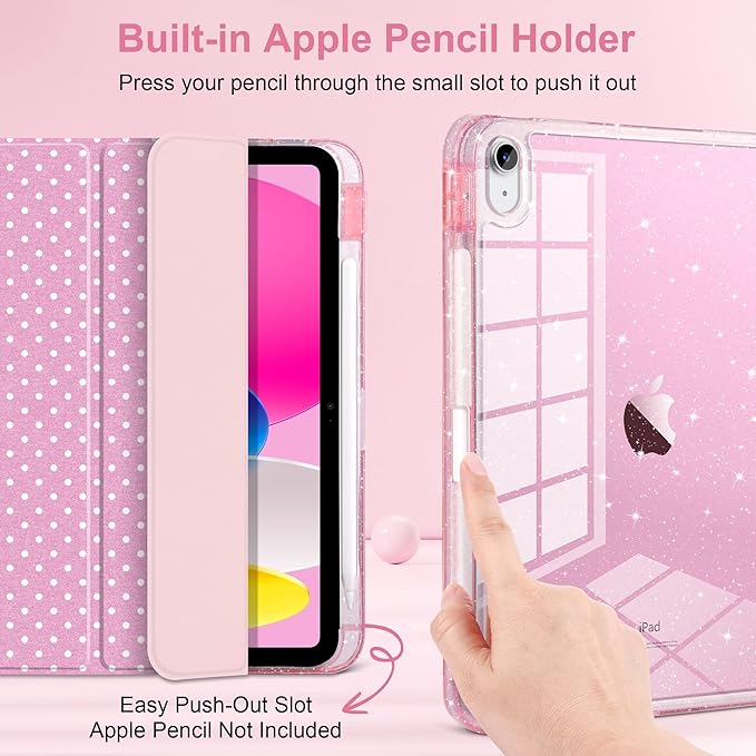 MEEgoodo Case for iPad A16 11th Generation 2025/10th Generation 2022 Glitter Tablet Cases with Transparent Acrylic Back+Trifold Stand +Pencil Holder+Auto Wake/SleepCherry Blossom Pink&ampPolka Dots