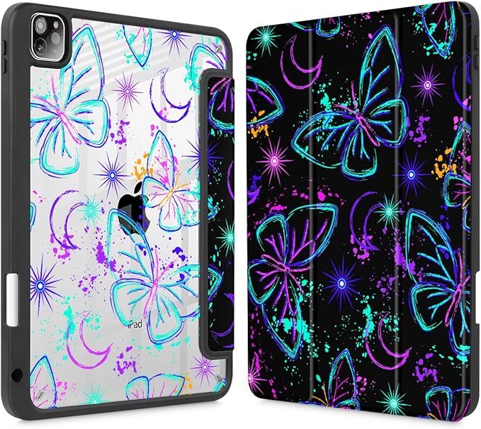 Mektron Case for iPad Pro 11 inch (4th 3rd 2nd &amp 1st Gen) 2022 2021 2020 2018 Buit in Pencil Holder with Shockproof Cover Clear Shell + Trifold Stand + Auto Wake/Sleep Fantasy Butterfly