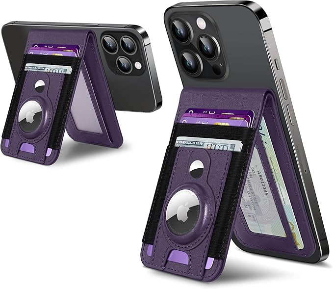 for Magsafe Wallet Stand with Airtag Holder Strongest Magnetic Wallet for iPhone 17/16/15/14/13/12 Series ID Window 4 Card Slots 10 Cards Holder Vegan Leather RFID Blocking Purple
