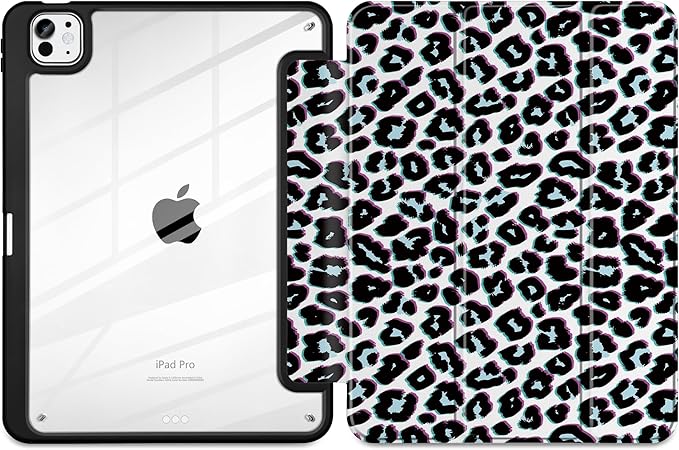 TWOLSKOO Case for iPad Pro 11-inch (M5 2025 / M4 2024) Clear Acrylic Back with TPU Bumper Pencil Holder Trifold Stand Auto Sleep/Wake Black Leopard
