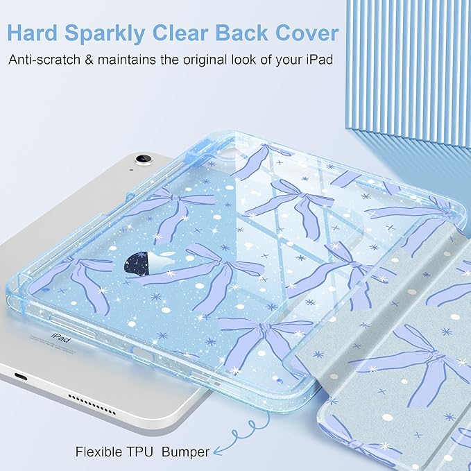 MEEgoodo Case for iPad A16 11th Generation 2025/10th Generation 2022 Glitter Tablet Cases with Transparent Acrylic Back+Trifold Stand +Pencil Holder+Auto Wake/SleepBlue Bow &amp Polka Dots