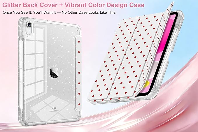 MEEgoodo Case for iPad A16 11th Generation 2025/10th Generation 2022 Glitter Tablet Cases with Transparent Acrylic Back+Trifold Stand +Pencil Holder+Auto Wake/SleepRed Polka Dots