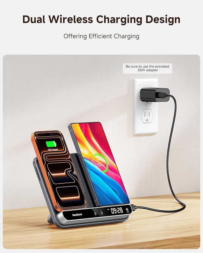 Dual Wireless Charger Stand SwanScout 504 Foldable Wireless Charging Station Pad for iPhone Air/17/16/15/ Series Samsung Galaxy S25/S24/S23 Android Phones AirPods/Galaxy Buds (Black &amp Tech Gr