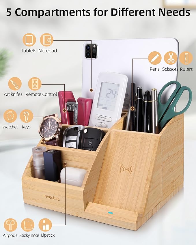 Bamboo Pen Holder with Wireless Charger Desk Organizer with 5 Compartments for Home Office Supplies Compatible with iPhone &amp Samsung Series