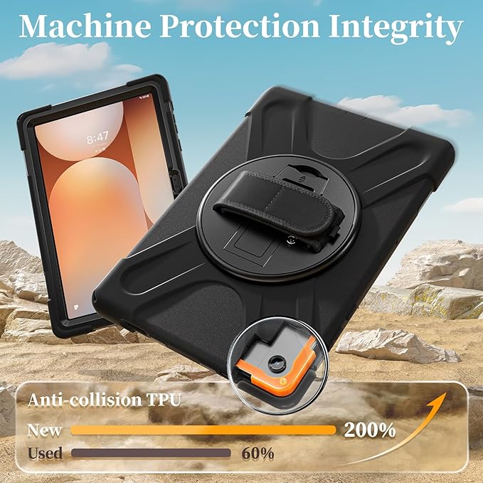 Lunivop Case Compatible with Samsung Galaxy Tab A11 Plus Case 11 Inch 360° Rotating Stand/Hand Strap with Built-in Screen Protector Heavy Duty Tablet Cover for Samsung Tab A11+ Plus Black