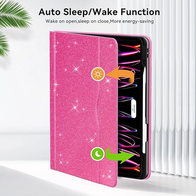 Case for New iPad Pro 12.9 inch 6th/5th/4th/3rd Generation 2022/2021/2020/2018 12.9'' ipad Pro Leather Protective Cover 6/5/4/3 Gen with Pencil Holder Auto Wake/Sleep Glitter Pink