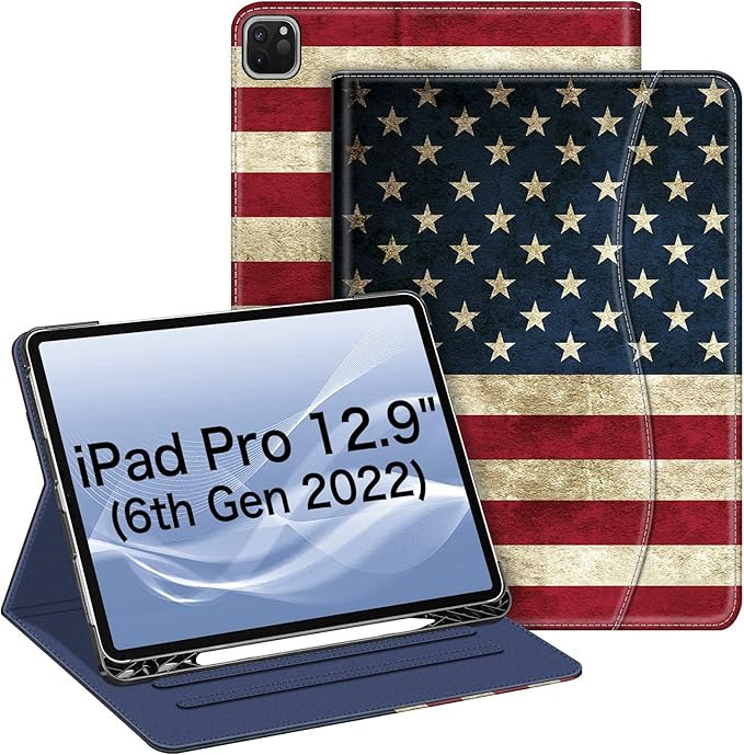 Fintie Folio Case for iPad Pro 12.9 6th Generation 2022 Multi-Angle Smart Stand Cover w/Pencil Holder &amp Pocket Also Fit iPad Pro 12.9 2021 5th &amp 2020 4th &amp 2018 3rd Gen US Flag