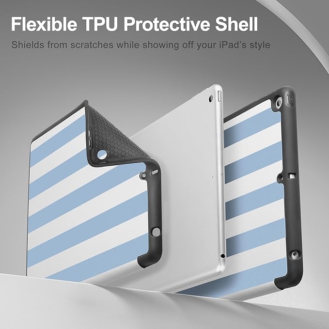 Tuiklol Case for iPad 10.2 Inch 2021 2020 2018 Release 9th / 8th / 7th Generation Built-in Pencil Holder TPU Protective Stand Back Cover Trifold Stand-Auto Wake/Sleep Striped Blue