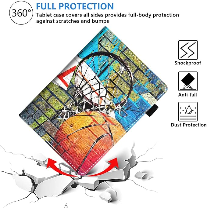 Case for Amazon Kindle Fire HD 10 Tablet 10.1 (9th/7th Generation 2019/2017 Release) Premium PU Leather Stand Cover with Smart Auto Wake Basketball Art Print