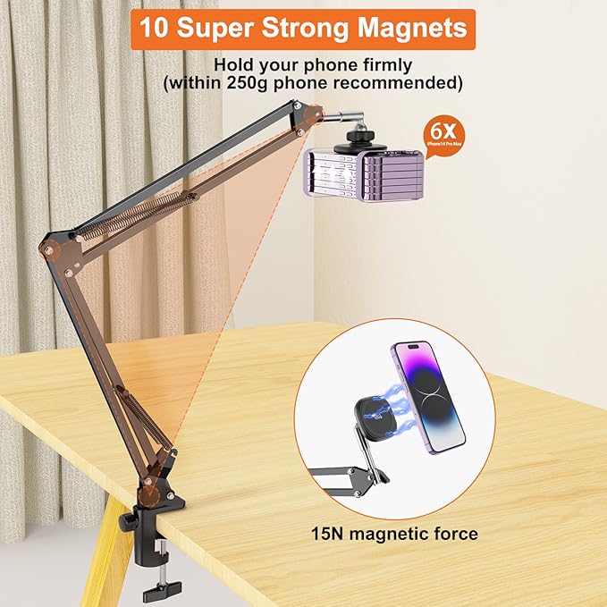 VRIG Overhead Phone Mount Stand with Magsafe Articulating Arm Cell Phone Holder for Desk Cell Phone Holder for Live Streams Zoom Calls Online Teaching Selfies Remote Working