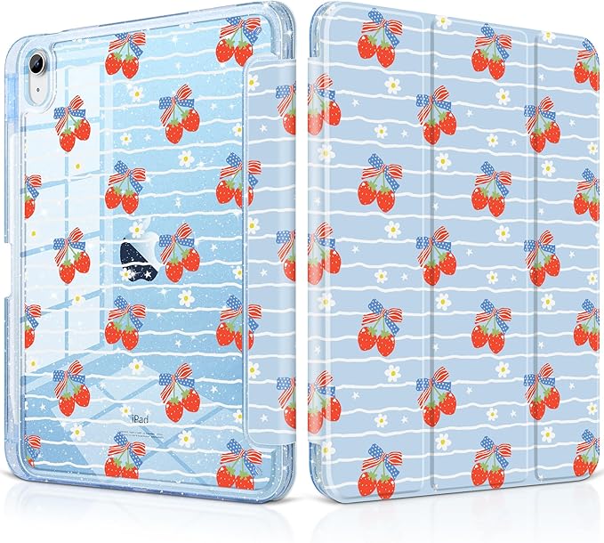 MEEgoodo Case for iPad A16 11th Generation 2025/10th Generation 2022 Glitter Tablet Cases with Transparent Acrylic Back+Trifold Stand +Pencil Holder+Auto Wake/SleepRibbon Bow &amp Girly Stripes