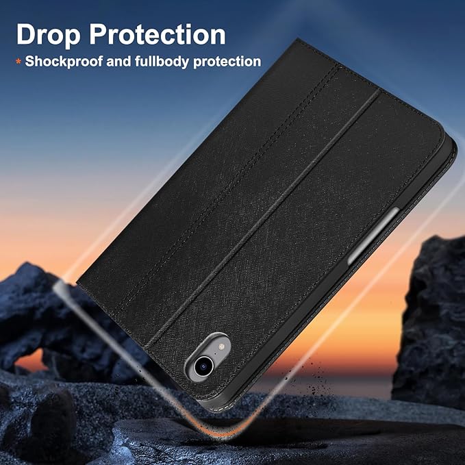 Gexmil Leather Case for iPad mini 7 (A17 Pro) 2024 / iPad mini 6 Generation 2021 8.3 InchPremium Cowhide Cover with Pencil HolderAdjustable Stand Auto Wake/SleepPalm-Print Black