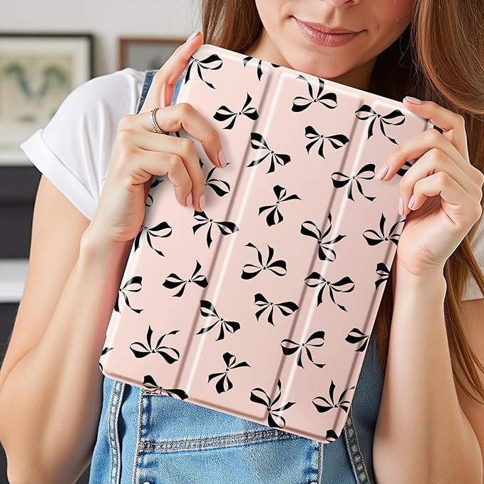 Idocolors Cute Black Bow Case for 9.7 iPad 5th/6th Generation Tri-Fold Tablet Case with Auto Wake/Sleep &amp Pencil Holder - Vibrant Protective Cover for Women Girls and Teens (Pink)