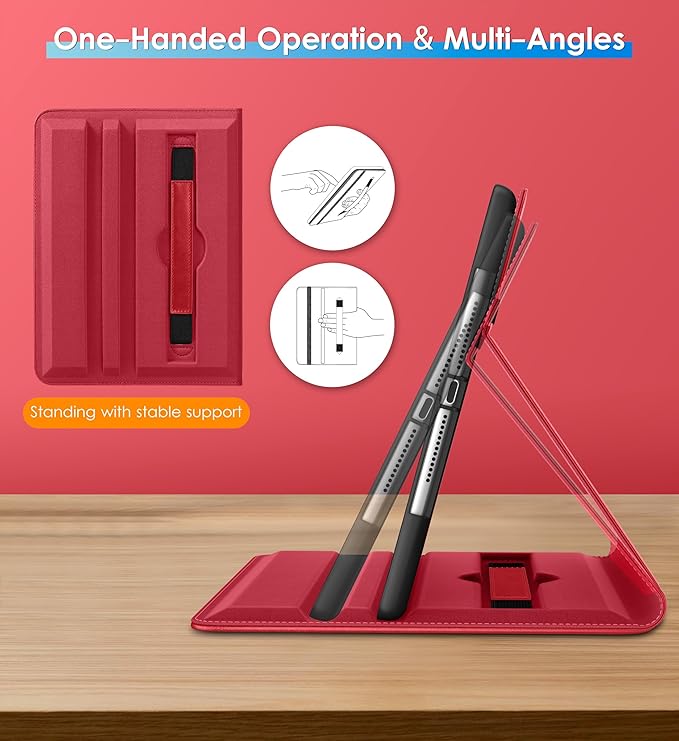 DTTO Rotating Case for iPad 6th / 5th Generation 9.7 Inch 2018/2017 iPad Air 2 / Air 1 Case 360 Degree Swiveling Premium Leather Folio Stand Cover with Pencil Holder - Auto Wake/Sleep Red