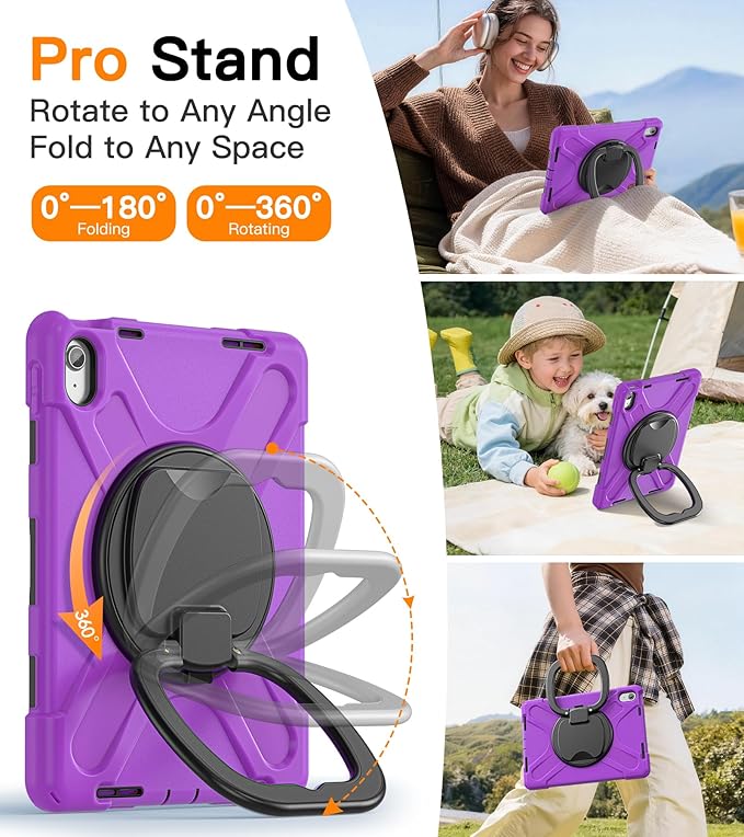 BATYUE Case for iPad (A16) 11th/10th Gen 11''/10.9'' 2025/2022 - Heavy Duty Shockproof Cover with 360° Rotating &amp 180° Folding Stand Screen Protector Shoulder Strap &amp Pencil Holder |Purple