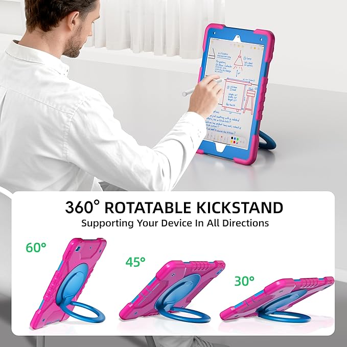 Case for iPad 9th/8th/7th Generation 10.2 inch Shockproof Cover with Screen Protector/360° Rotating Handle/Bracket/Pen Holder/Shoulder Strap Kids Case for iPad 2021/2020/2019 (Pink+Blue)