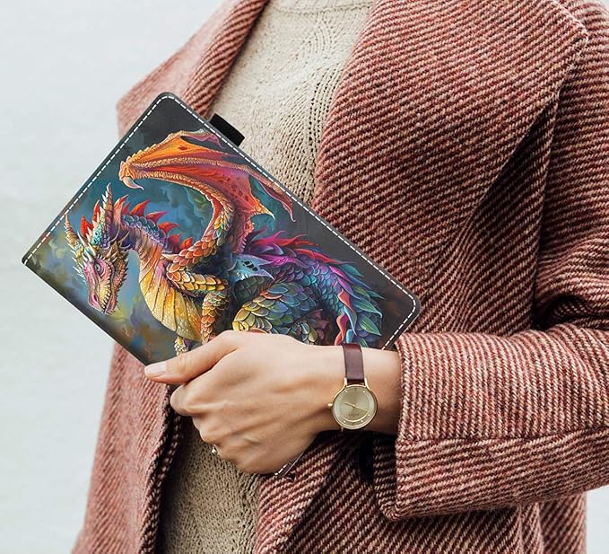 Case for Amazon Kindle Fire 7 Tablet (7 9th/7th Generation 2019/2017 Release) Slim PU Leather Cover with Card Slot &amp Auto Wake/Sleep Colorful Dragon