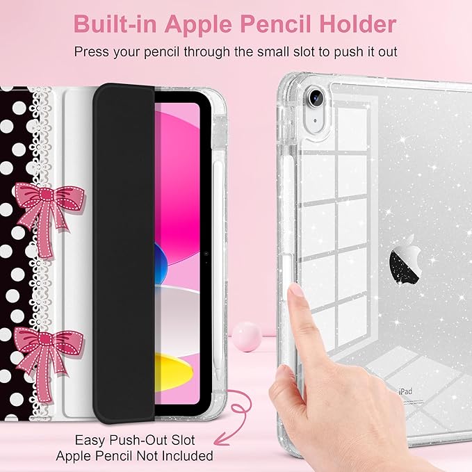 MEEgoodo Case for iPad A16 11th Generation 2025/10th Generation 2022 Glitter Tablet Cases with Transparent Acrylic Back+Trifold Stand +Pencil Holder+Auto Wake/SleepDots with Pink Bows