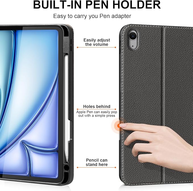Leather Case for iPad Air 11 M4/M3/M2 (2026/2025/2024) &amp 10.9 5th/4th Gen (2020/2022) | with Pencil Holder | Auto Wake/Sleep | Protective Shockproof Cover | Adjustable Stand | Dark Gray