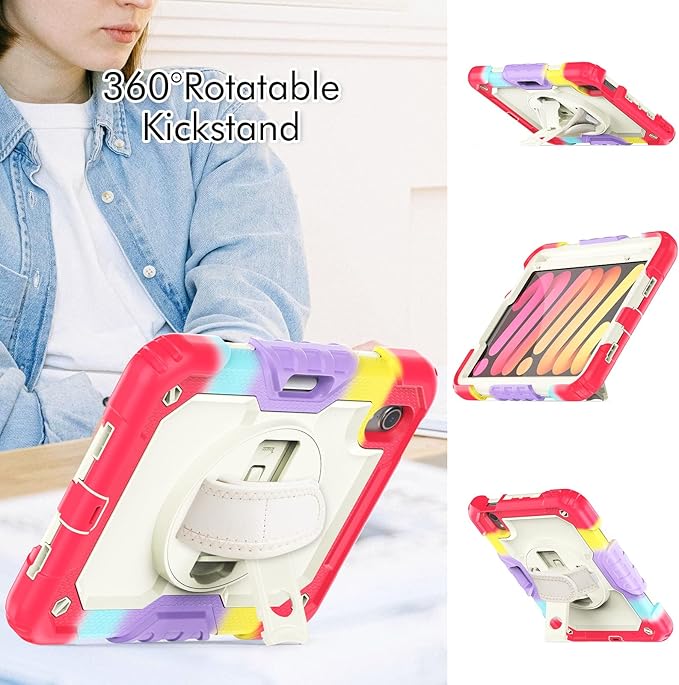 Case for iPad mini 7 (A17 Pro) 2024/ Mini 6 8.3'' with Pencil Holder Screen Protector [360 Rotating Hand Strap] &ampStand &ampShoulder Strap Shockproof Case for iPad mini 7th/6th Gen Camo Red