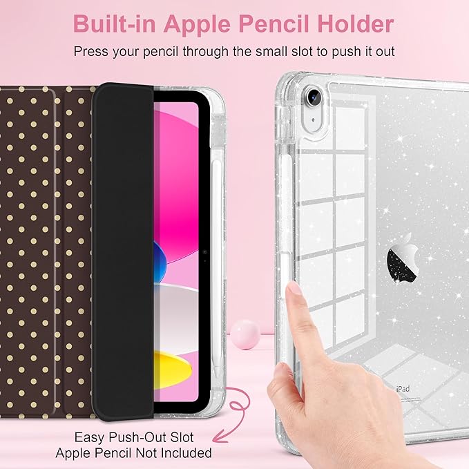 DONGKE for iPad Pro 11 inch Case – Fits M5 2025 / M4 2024 Shockproof Sparkling Glitter Acrylic Back Pencil Holder Trifold Stand Auto Sleep/Wake &amp Touch ID Support - Brown Polka Dot