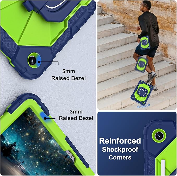for Galaxy Tab A11+ Plus/A9+ Case 11” Rugged Case for Samsung Galaxy A11 Plus/ A9 Plus Tablet with 360 Rotating Stand Screen Protector Shoulder Strap Pen Holder 2025/2023 Model Navy Green