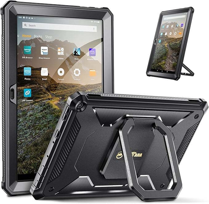 Fintie Case for Amazon Fire HD 10 &amp Fire HD 10 Plus (11th Generation 2021 Release) - [Tuatara Rotating] Multi-Functional Grip Carry Stand Cover w/Built-in Screen Protector Black