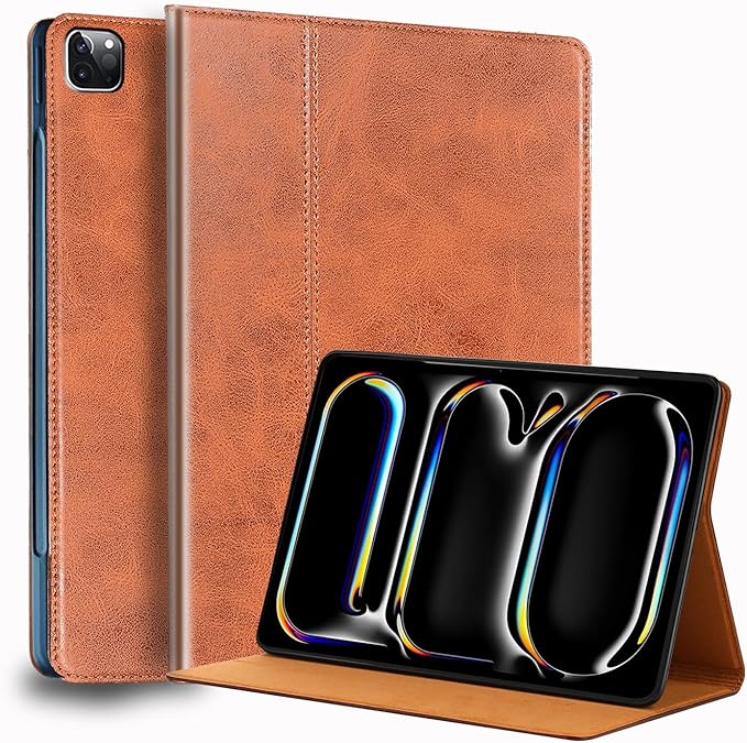 for Ipad Pro 13-inch Case M4/M5 2024/2025(Model:A3360/A3361/A2925/A2926) Genuine Leather Cover Protective ShellAuto Wake/Sleep.Brown