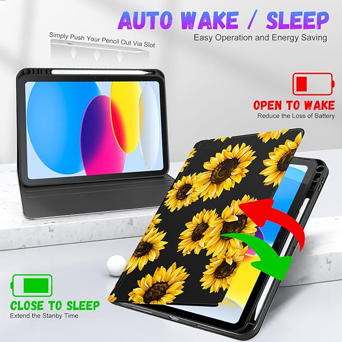 for iPad 10th Generation Case 10.9 Inch for iPad 11th(A16) 2025 Girls Cute Women Folio Cover Pencil Holder Sunflower Aesthetic Design Girly Kawaii Teens Unique Tablet Cases for Apple 10/11