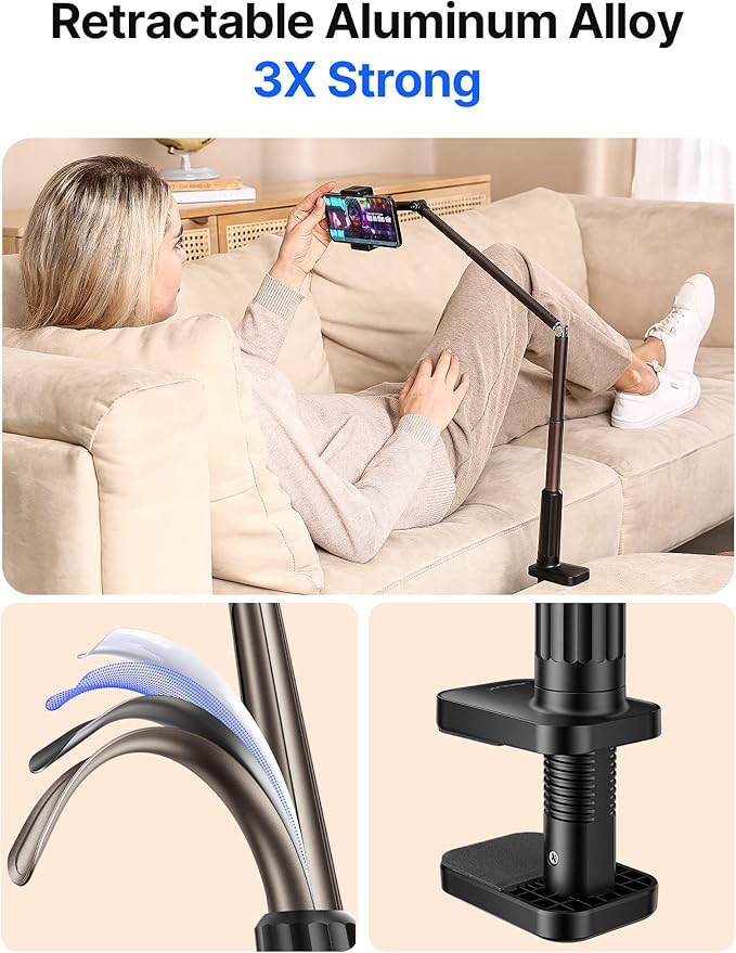 JSAUX Phone Holder for Desk and Bed Compatible with iPhone 17 16 15 14 13 12 Overhead Phone Mount Gooseneck Phone Stand Flexible 360 Lazy Long Arm Clamp Clip for Table Bedside [1-Pack Black]