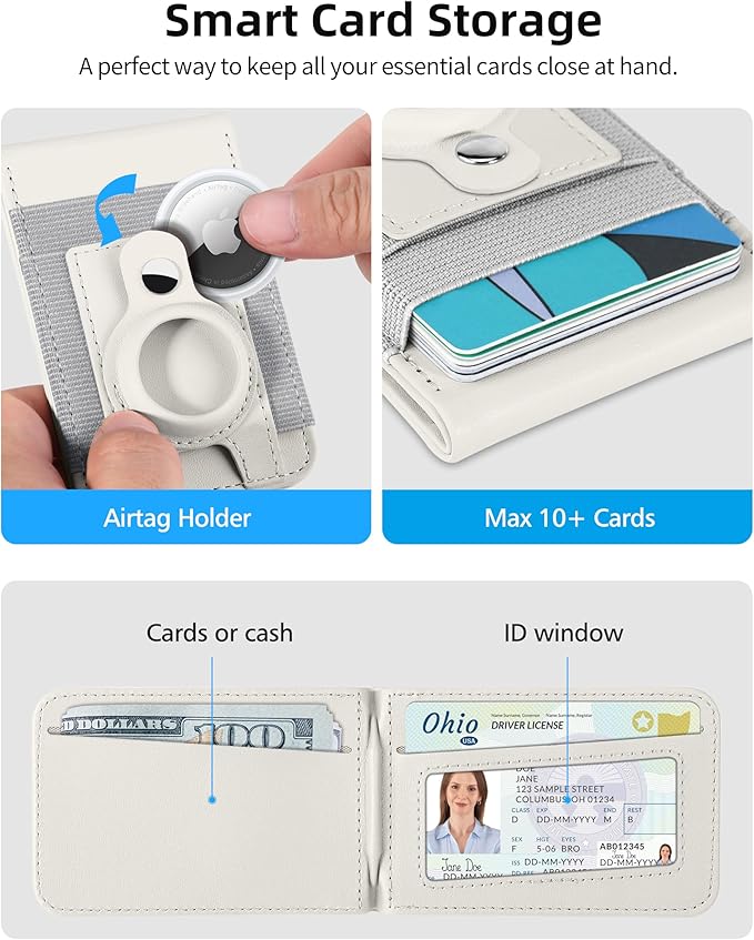 For Magsafe Wallet Stand with Airtag Holder Strongest Magnetic Wallet for iPhone 17/16/15/14/13/12 Series ID Window 4 Card Slots 10 Cards Holder Vegan Leather RFID Blocking Milk White