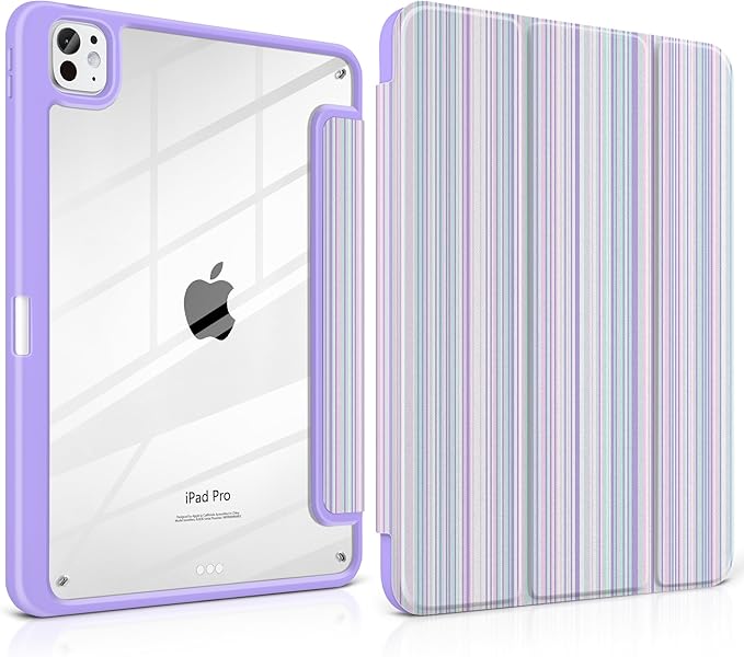 TWOLSKOO Case for iPad Pro 11-inch (M5 2025 / M4 2024) Clear Acrylic Back with TPU Bumper Pencil Holder Trifold Stand Auto Sleep/Wake Purple Stripes