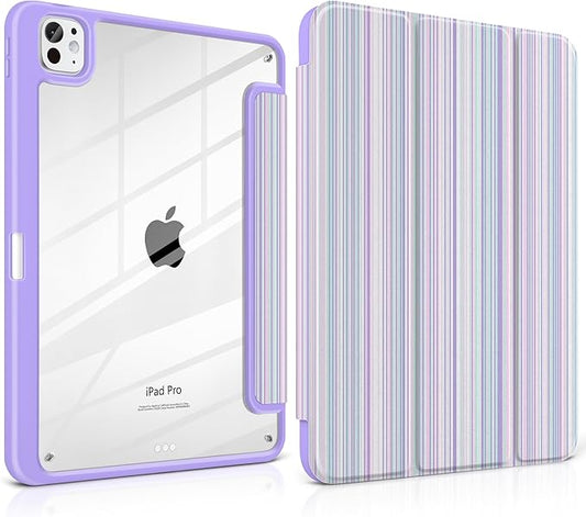 TWOLSKOO Case for iPad Pro 11-inch (M5 2025 / M4 2024) Clear Acrylic Back with TPU Bumper Pencil Holder Trifold Stand Auto Sleep/Wake Purple Stripes